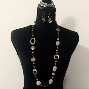 Long Neutral Beaded Statement Necklace, Earrings & Three Bracelets